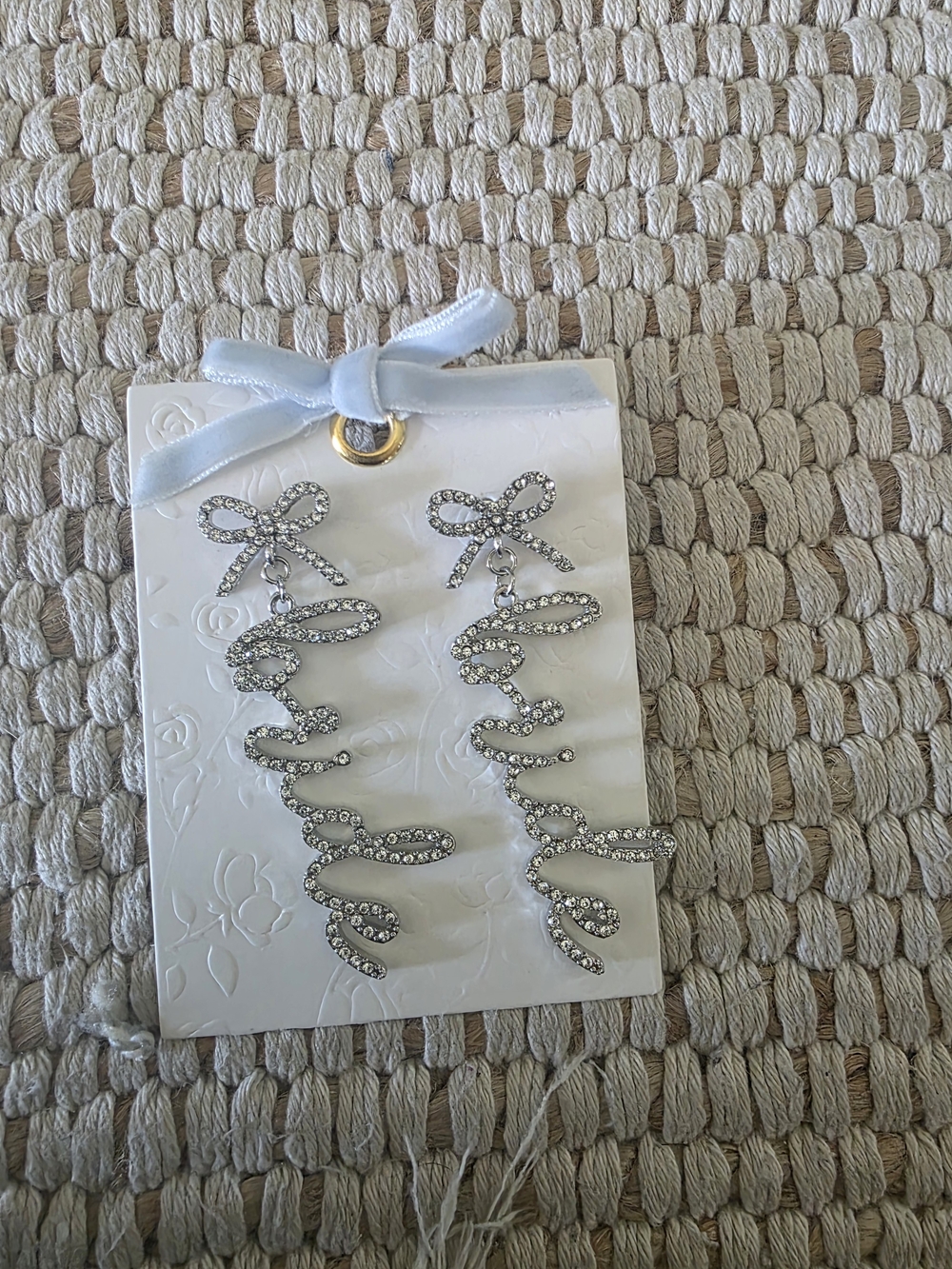 Francesca's Collections Silver Crystal Bow Script Drop Earrings